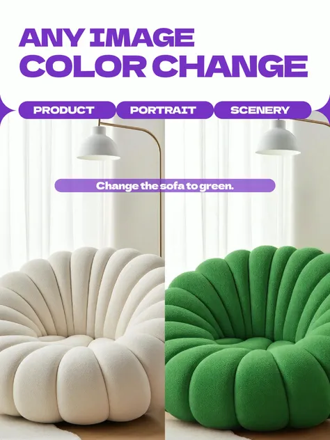 Upload any portrait or product image and tell it to change the color, such as "Change the dress to red".