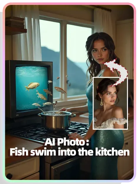 AI Photo:
Fish swim into the kitchen