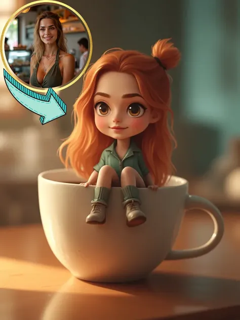 Küçük figür, fincanın kenarında oturan bebek