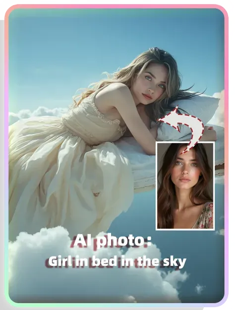Girl flying on a bed in the sky