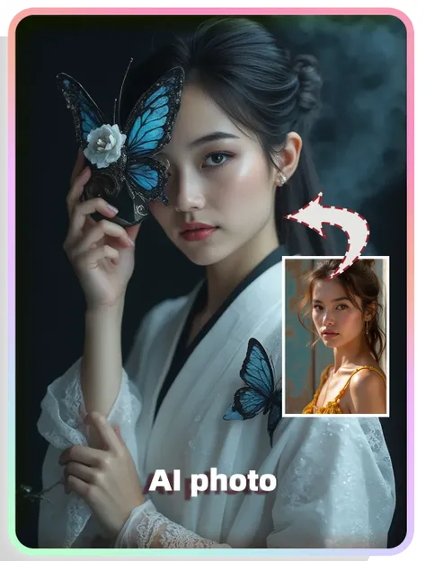 AI主題写真：古风白衣蝴蝶面具女孩