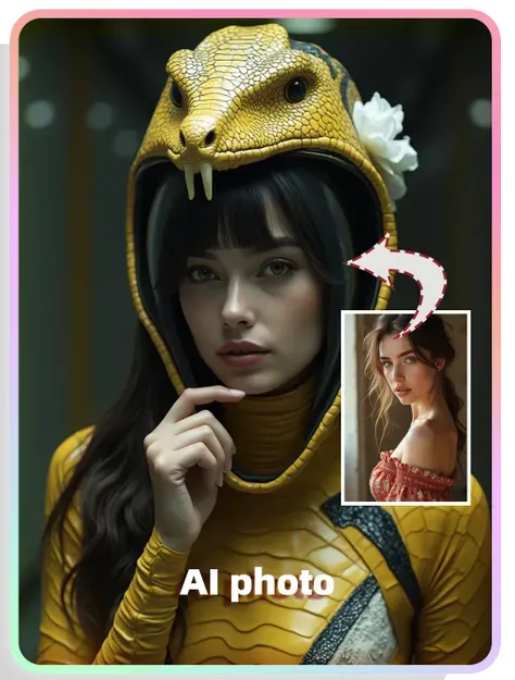 KI-Themenfotos:Mädchen mit Schlangenkopfmaske aus Gold