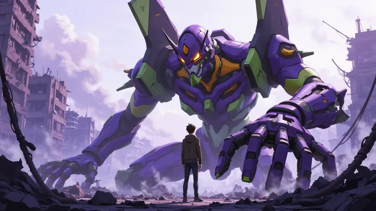 Human standing on EVA's shoulders looking at the camera