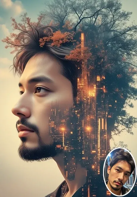 Double exposure urban art portrait