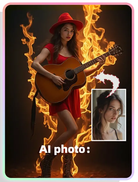 Portrait sur le thème de l'IA:Fille guitariste dans les flammes