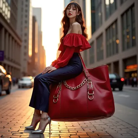 La ragazza seduta su una borsa galleggiante