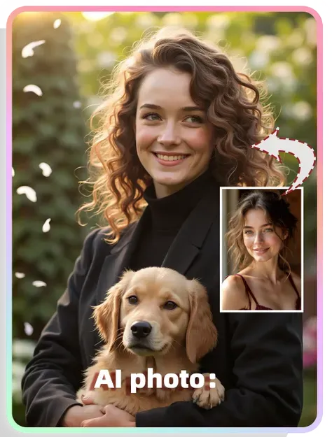 Gaya AI：Gadis yang bahagia memeluk anjing