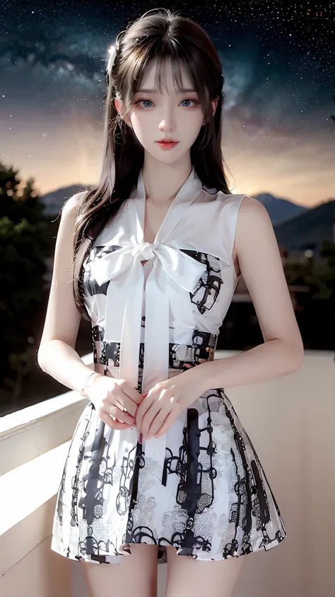 白色黑印花甜美蝴蝶結無袖洋裝 2025_7_29