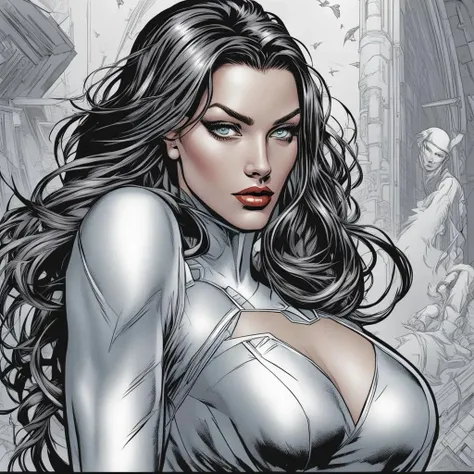 A highly detailed cybernetic female warrior, kneeling in a poised and battle-rea