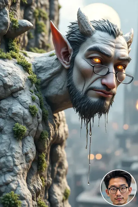 Kepala Grotesque yang Menonjol dari Batu