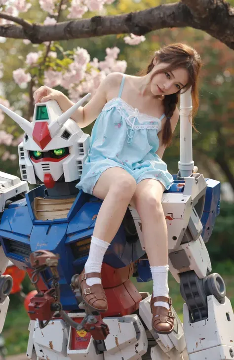 The girl sitting on the shoulder of the Gundam