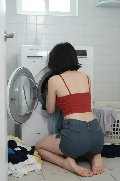 Chica enfocada en lavar la ropa