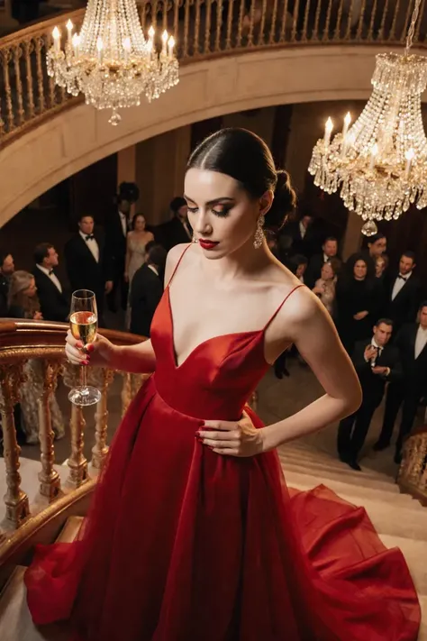a woman in an elegant red evening