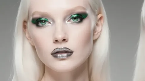 white hair, green eyes