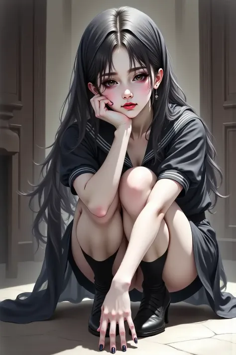 しゃがんで考える女性 v1.0