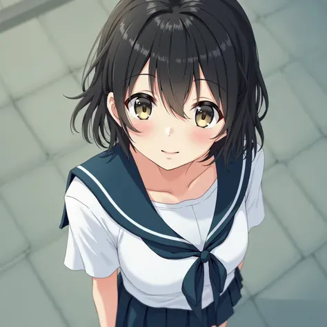 masterpiece，4K，top quality，Beautiful Japanese woman，Detailed portrayal，1 girl，18yr old，(idol style super cute face)，(white short sleeve shirt，Sailor school uniform，Dark blue pleated skirt)，Black hair，Slightly long wave head，natural style，Depth of field，(Vi...