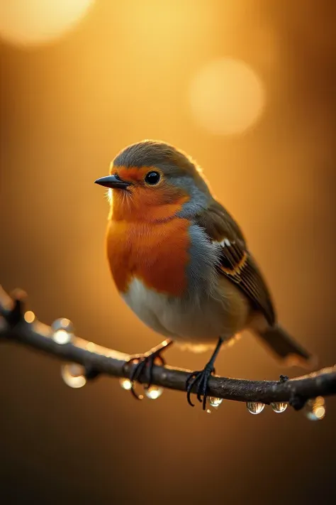 A charming close-up photo，shows a beautiful bird，illuminated by soft golden light on a quiet morning，with a bokeh ball gently framing its petite body