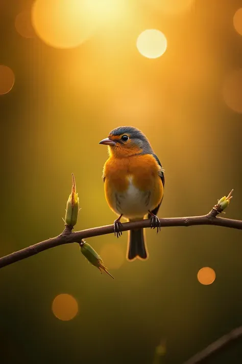 A charming close-up photo，shows a beautiful bird，illuminated by soft golden light on a quiet morning，with a bokeh ball gently framing its petite body