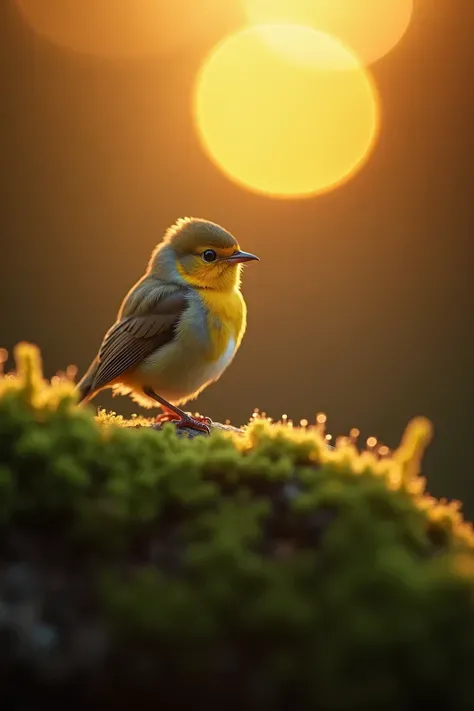 A charming close-up photo，shows a beautiful bird，illuminated by soft golden light on a quiet morning，with a bokeh ball gently framing its petite body