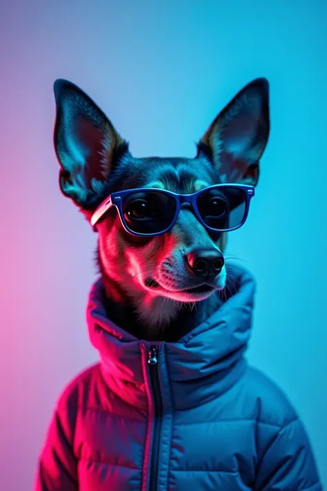 The best mobile wallpaper，Award-winning wallpaper，Photo photography，Front view is a cute dog，Wear mid-1960s space age fashion，Side view photo，shot with Canon EOS R5，Set strong contrasts to highlight the theme，fluorescent blue tone，Wear a very modern jacket...
