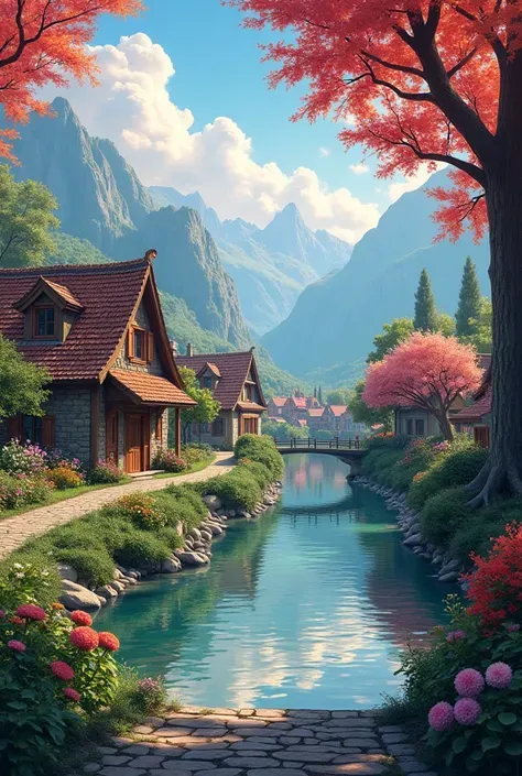 a small village by the river，Background is mountains，Flowers bloom，Brightly colored，Detailed Scenery，Beautiful Natural Scenery，Ambiance Lighting，Burning Sunsets，warm colors，utility，utility摄影，Detailed Leaves，Intricate architecture，cobblestone streets，charmi...