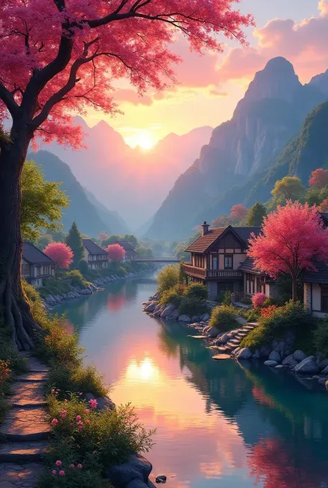 a small village by the river，Background is mountains，Flowers bloom，Brightly colored，Detailed Scenery，Beautiful Natural Scenery，Ambiance Lighting，Burning Sunsets，warm colors，utility，utility摄影，Detailed Leaves，Intricate architecture，cobblestone streets，charmi...