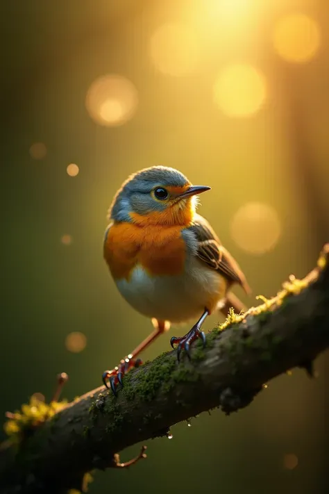 A charming close-up photo，shows a beautiful bird，illuminated by soft golden light on a quiet morning，with a bokeh ball gently framing its petite body