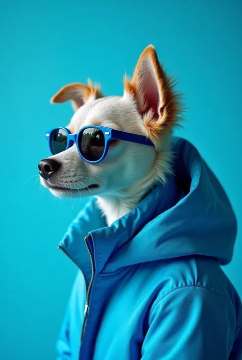 The best mobile wallpaper，Award-winning wallpaper，Photo photography，Front view is a cute dog，Wear mid-1960s space age fashion，Side view photo，shot with Canon EOS R5，Set strong contrasts to highlight the theme，fluorescent blue tone，Wear a very modern jacket...