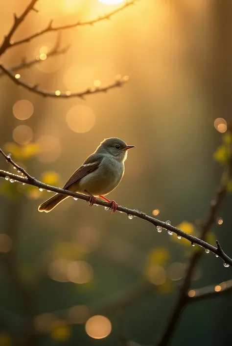 A charming close-up photo，shows a beautiful bird，illuminated by soft golden light on a quiet morning，with a bokeh ball gently framing its petite body