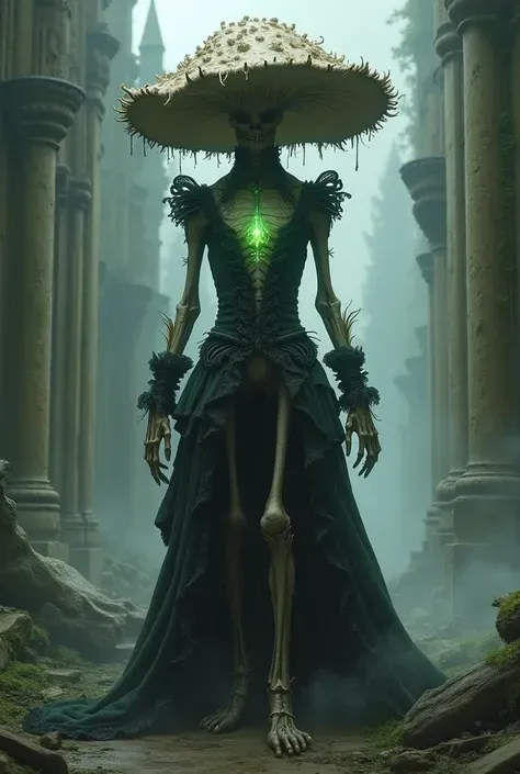 Fantasy illustration. A scary undead le mushroom with human bodyshape wearing noble gothic clothes. In front of ruins. Fog. Aperture style, dark fantasy.