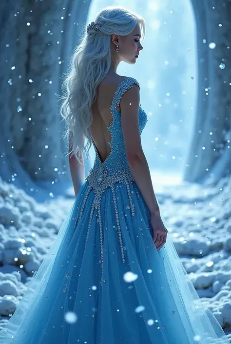 The silver-haired lady wears a pierced high-resolution dress with rhinestones，Being in a polar aurora temple full of frozen roses，Shattered blue star fragments suspended all around，Cool and noble，Extremely fine jewelry texture，8k fantasy epic composition。
