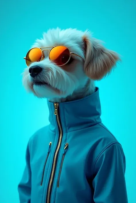 The best mobile wallpaper，Award-winning wallpaper，Photo photography，Front view is a cute dog，Wear mid-1960s space age fashion，Side view photo，shot with Canon EOS R5，Set strong contrasts to highlight the theme，fluorescent blue tone，Wear a very modern jacket...