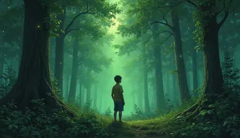  A young boy stands at the edge of the forest ,  Watching mysterious lights flicker between the trees.  Fireflies or sprites ?  Rendered in digital mixed media , ， Emphasis is on shadow depth and light diffusion .  The forest is layered ，full of energy,  S...