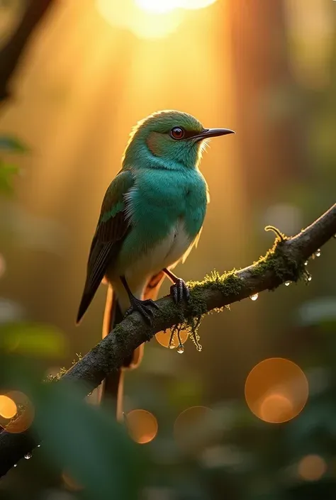 A charming close-up photo，shows a beautiful bird，illuminated by soft golden light on a quiet morning，with a bokeh ball gently framing its petite body