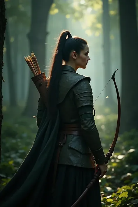 A heroic medieval female archer，and has a dainty black high ponytail，, her hair flutters lightly in the wind。She is wearing delicate leather light armor，Shattered green moss and fantastic lines，is carrying a long bow with a shimmer of light on her back。She...