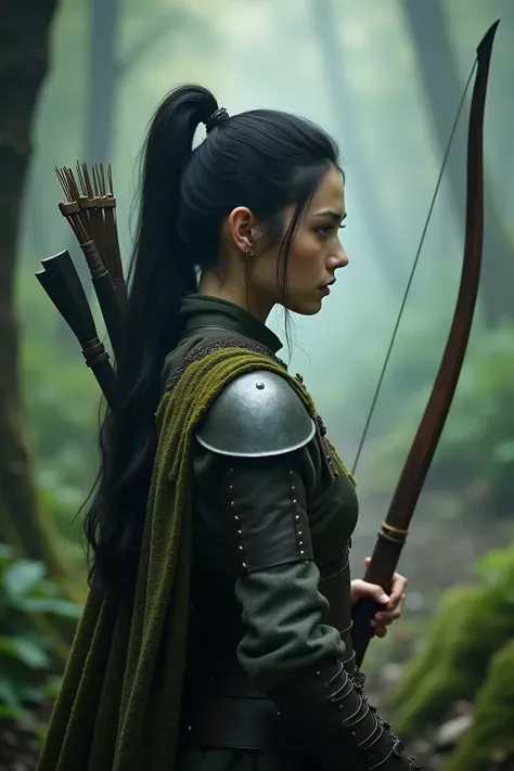 A heroic medieval female archer，and has a dainty black high ponytail，, her hair flutters lightly in the wind。She is wearing delicate leather light armor，Shattered green moss and fantastic lines，is carrying a long bow with a shimmer of light on her back。She...