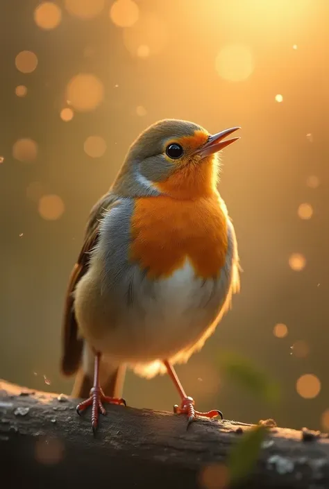 A charming close-up photo，shows a beautiful bird，illuminated by soft golden light on a quiet morning，with a bokeh ball gently framing its petite body