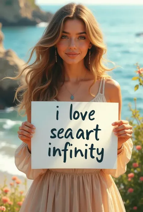 a beautiful girl with long wavy hair，wearing a bohemian dress，holding a white board with the words “I Love SeaArt Infinity” written on it，Also show the audience