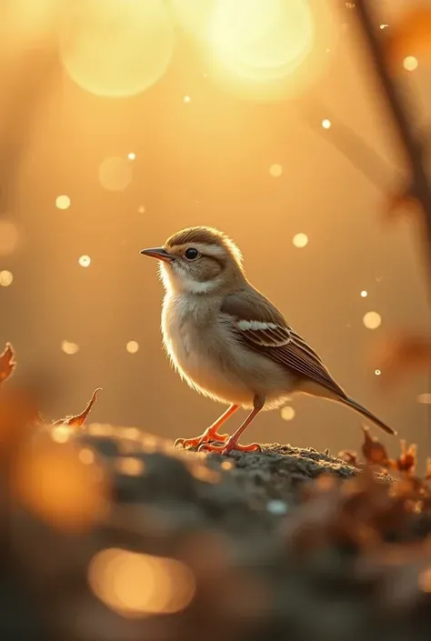 A charming close-up photo，shows a beautiful bird，illuminated by soft golden light on a quiet morning，with a bokeh ball gently framing its petite body