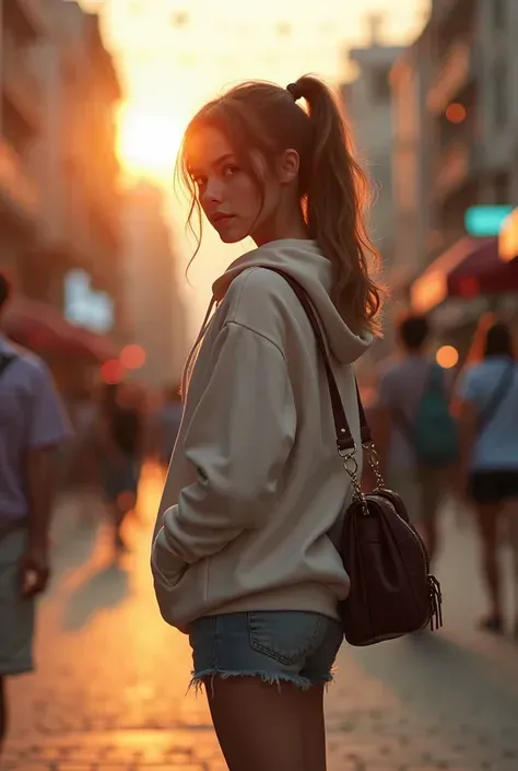 tactful girl in a loose hoodie and shorts，Carry a shoulder bag，Staring back and squinting，Put your hands in your pockets，The expression is stubborn，The background is a bustling city street，Sunset，cinematic photosensitive