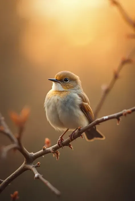 A charming close-up photo，shows a beautiful bird，illuminated by soft golden light on a quiet morning，with a bokeh ball gently framing its petite body