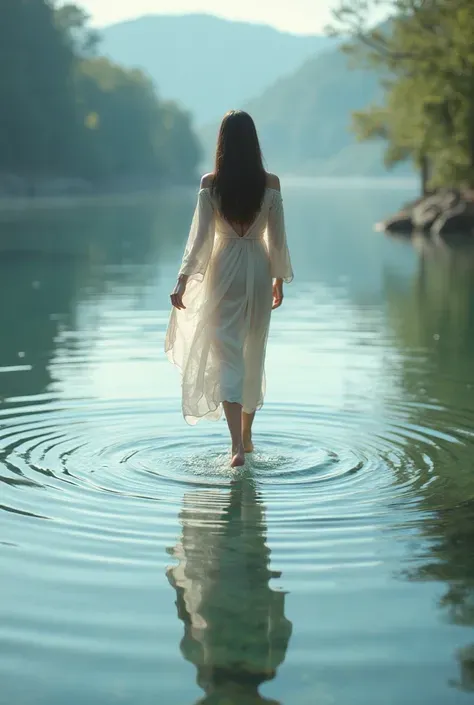 A woman walks on the surface of the water，4K，