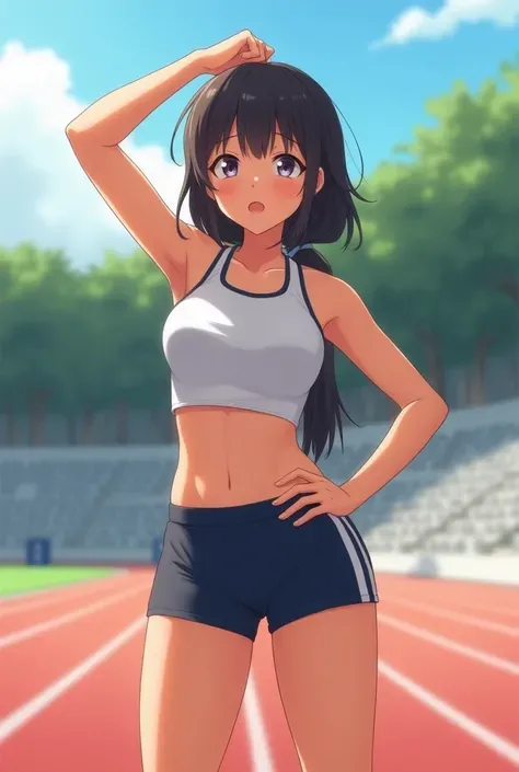 A school girl who is warming up on the track field，wears sports shorts to show a fit posture。She crossed her waist with one hand，Raising her chin proudly，and maintains that self-esteem despite being sweaty，Under the sun，The character has a very clear outli...