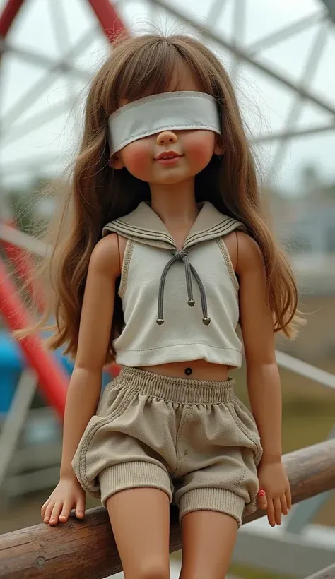 Girl with Doll Body、Hollow Doll、Cracked Face、white blindfold、Doll joints、Doll Knees and Elbows、suntanned skin、with brown skin、Tattered Dirty Torn Summer Sailor Suit、Tattered Dirty Torn Miniskirt、Medium bust、baggy socks、Dirty Cracked Doll Body、Smile、Ride th...