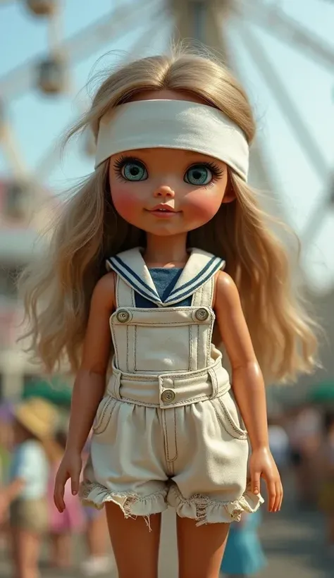 Girl with Doll Body、Hollow Doll、Cracked Face、white blindfold、Doll joints、Doll Knees and Elbows、suntanned skin、with brown skin、Tattered Dirty Torn Summer Sailor Suit、Tattered Dirty Torn Miniskirt、Medium bust、baggy socks、Dirty Cracked Doll Body、Smile、Ride th...