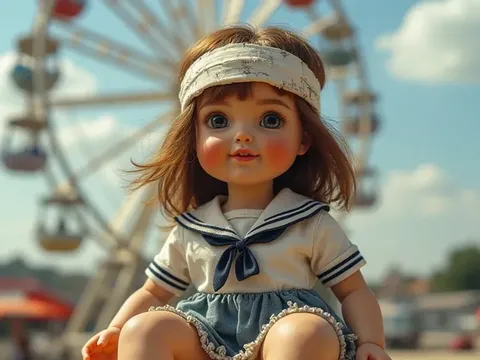 Girl with Doll Body、Hollow Doll、Cracked Face、white blindfold、Doll joints、Doll Knees and Elbows、suntanned skin、with brown skin、Tattered Dirty Torn Summer Sailor Suit、Tattered Dirty Torn Miniskirt、Medium bust、baggy socks、Dirty Cracked Doll Body、Smile、Ride th...