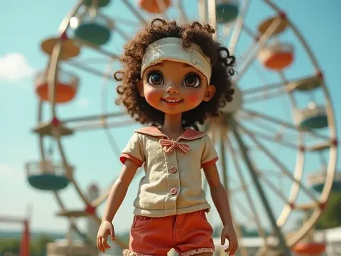 Girl with Doll Body、Hollow Doll、Cracked Face、white blindfold、Doll joints、Doll Knees and Elbows、suntanned skin、with brown skin、Tattered Dirty Torn Summer Sailor Suit、Tattered Dirty Torn Miniskirt、Medium bust、baggy socks、Dirty Cracked Doll Body、Smile、Ride th...