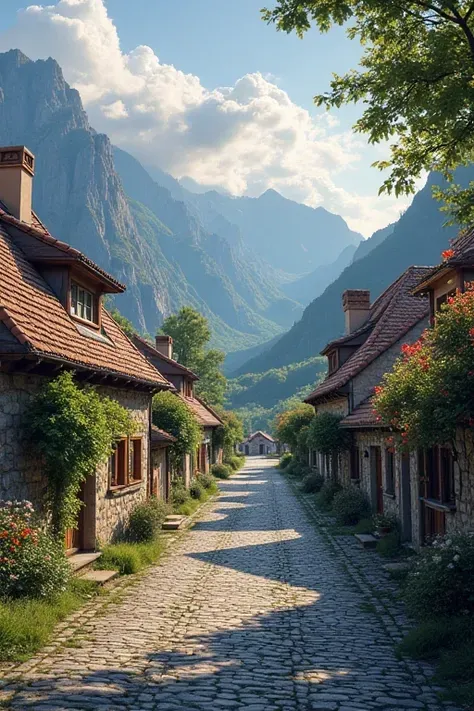 a small village by the river，Background is mountains，Flowers bloom，Brightly colored，Detailed Scenery，Beautiful Natural Scenery，Ambiance Lighting，Burning Sunsets，warm colors，utility，utility摄影，Detailed Leaves，Intricate architecture，cobblestone streets，charmi...