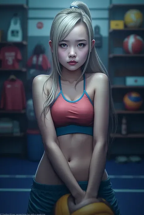In the dim sports equipment room，A schoolgirl in sportswear and Japanese sports shorts。She is holding volleyball in her arms，Feeling overwhelmed by your presence，with a slightly furrowed brow，shouting “idiot” in her mouth，A shy blush spread to the tips of ...