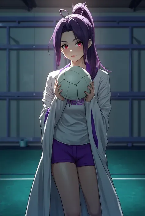 In the dim sports equipment room，A schoolgirl in sportswear and Japanese sports shorts。She is holding volleyball in her arms，Feeling overwhelmed by your presence，with a slightly furrowed brow，shouting “idiot” in her mouth，A shy blush spread to the tips of ...
